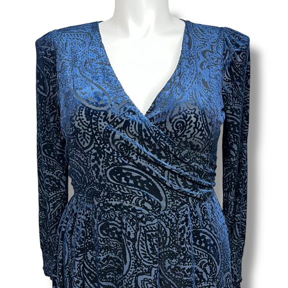 Tommy Hilfiger Womens Velvet Burnout Faux Wrap High Waist Above Knee Blue Sz 12 - Picture 2 of 14